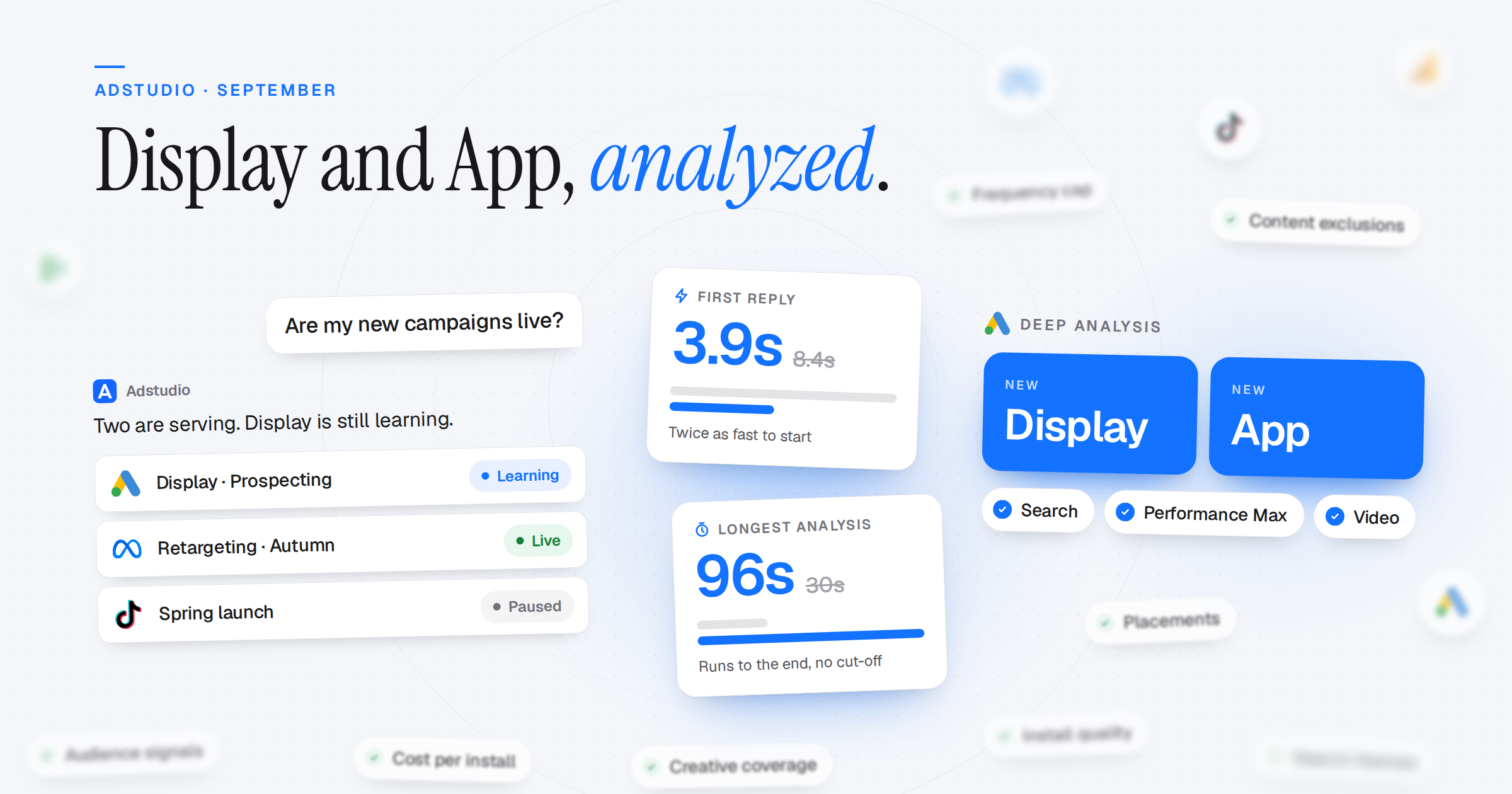 The Adstudio assistant answering "Are my new campaigns live?" with the live status of a Google Display, a Meta and a TikTok campaign, two cards showing the first reply at 3.9 instead of 8.4 seconds and a 96-second analysis that runs to the end, and the Google campaign types Adstudio now analyzes in depth: Display and App, plus Search, Performance Max and Video